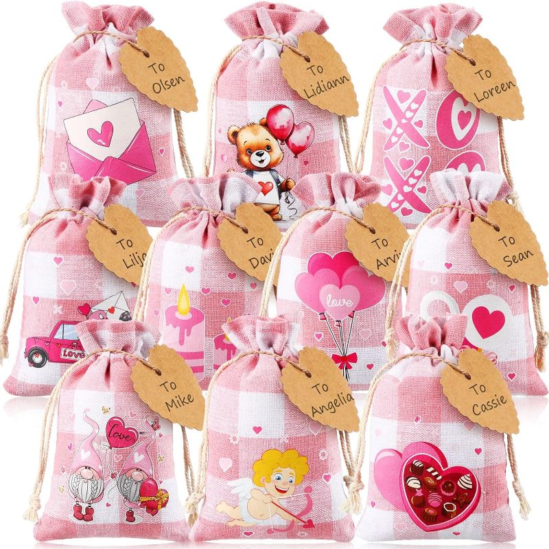 Photo 1 of 80 Pcs Valentine's Day Burlap Gift Bags 4 x 6 Inch Buffalo Plaid Drawstring Bags Reusable Burlap Sachet Bags Party Supplies Candy Treat for Valentine's Day Wedding Birthdays Party (Pink)

