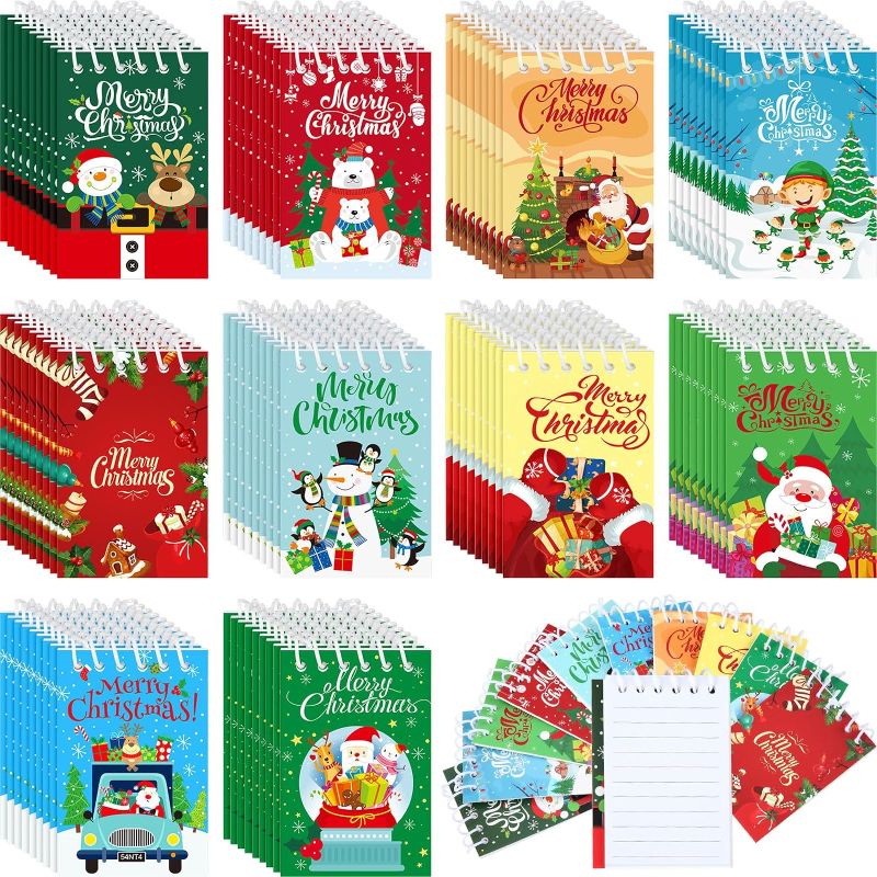 Photo 1 of 100 Pcs Mini Christmas Notepads Spiral Notebook Pocket Memo Pads Snowman Elk Santa Pattern Christmas Notebooks for Kids Gift Xmas Party Favor Supplies Goody Bag Stocking Stuffers
