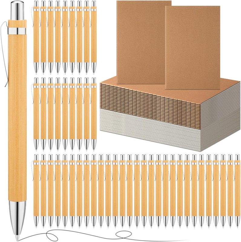 Photo 1 of 120 Pcs Bamboo Pens and Kraft Notebooks Set Bulk Retractable Bamboo Ballpoint Pens A5 Lined Ruled Travel Journals for School Office Students Back to School Coworker Employee Thanks Gifts
