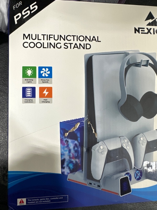 Photo 1 of NexiGo PS5 Slient Cooling Stand with RGB LED Light, Dual Charging Station Compatible with DualSense Edge Controller, Hard Drive Slot, Headset and Remote Holders, 10 Game Slots, White White Standard