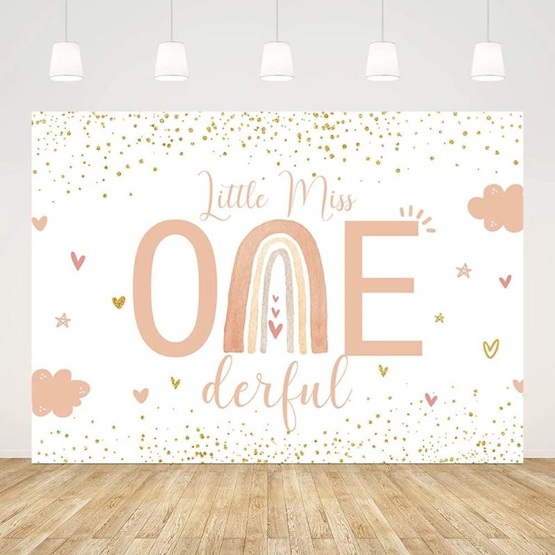 Photo 1 of 8x6ft Boho Rainbow Happy 1st Birthday Party Backdrop Pink Girl Little Miss Onederful Photo Background Gold Dots Pastel Party Decorations Decor Cake Table Banner Supplies
