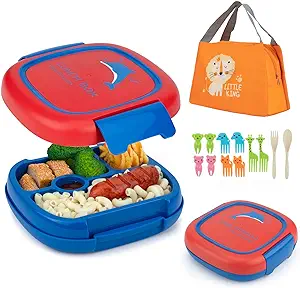 Photo 1 of Bento Box, Kids Lunch Box, Leak-Proof, 4 Compartment, BPA-Free, Dishwasher Safe, Ideal Portion Sizes for Ages 4 to 7, Animal Fruit Fork & Wheat Straw Fork Spoon With Bag (Blue)
