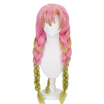 Photo 1 of Anime Demon Slayer Kanroji Mitsuri Cosplay Wig for Women Girls Long Straight Braided Wig Pink and Green Synthetic Wigs Halloween Party Costume Accessory
