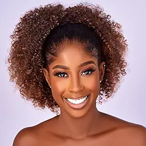 Photo 1 of Afro Puff kinky curly Drawstring Ponytail Extension for Black Women Synthetic Short Afro Kinkys Curly Afro Bun Extension Hairpieces Updo Hair Extensions with Two Clips(1B) (18inch, T30#)
