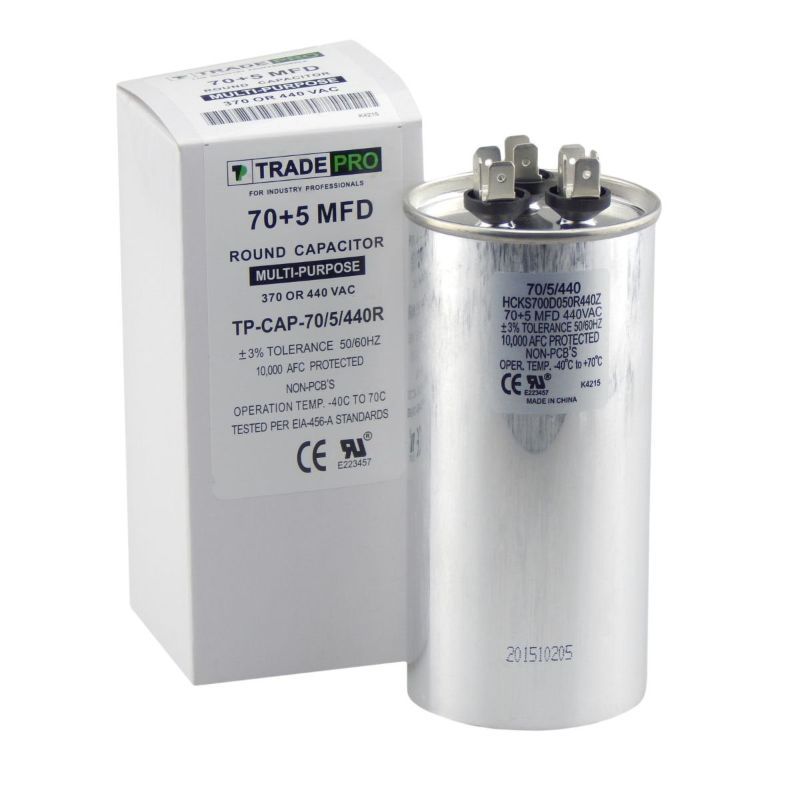 Photo 1 of 2 PK TradePro 70/5 MFD 370/440 Volt Round Dual Run Capacitor