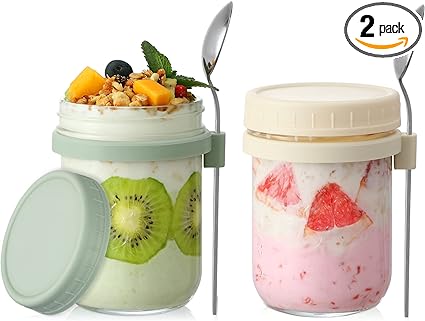 Photo 1 of 2 Pack Overnight Oats Containers with Lids and Spoons, 16 oz Glass Mason Jars for Overnight Oats, Large Capacity Airtight Jars for Milk, Cereal, Fruit (Beige+Green)
