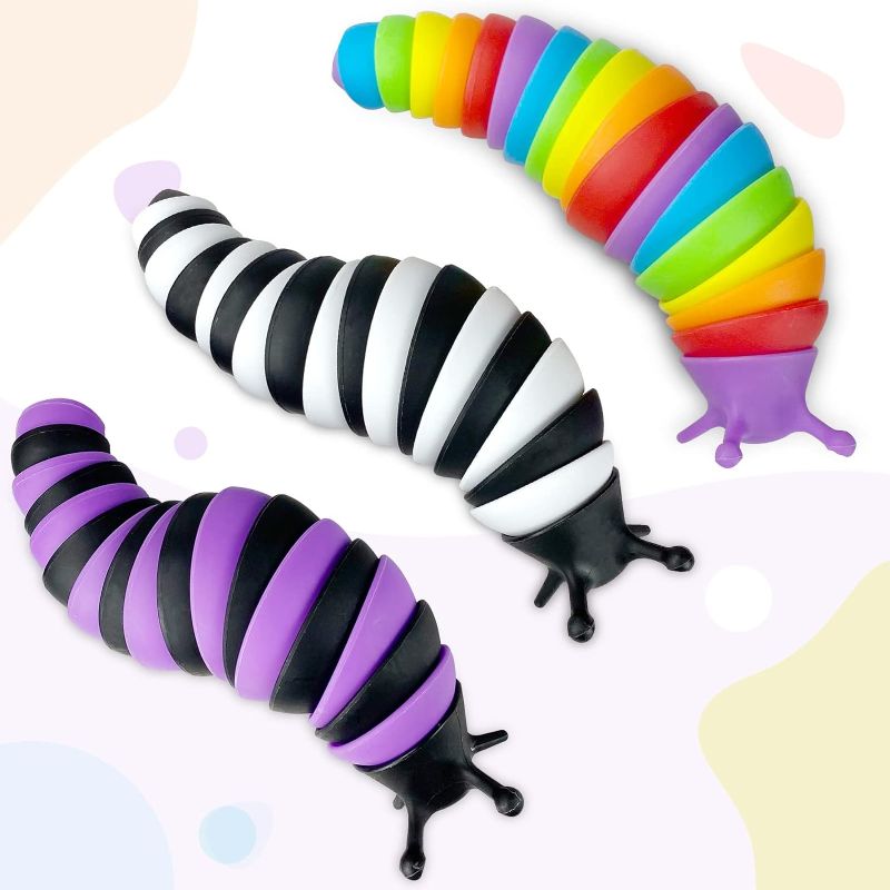 Photo 1 of 3Pcs Fidget Slug Toy, Autism Sensory Slug Fidget Toy, Anxiety Relief Slug Toys for Kids, Toddlers, Adults (2 Rainbow & Black-Purple)