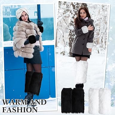 Photo 1 of 4 Pairs Furry Leg Warmers and Faux Fur Cuffs Set Long Warm Boot Cuff Winter Wrist Cuff for Women Party Black and White