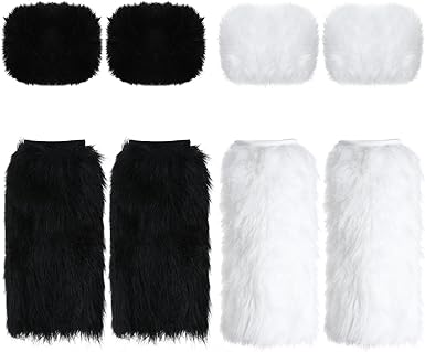 Photo 2 of 4 Pairs Furry Leg Warmers and Faux Fur Cuffs Set Long Warm Boot Cuff Winter Wrist Cuff for Women Party Black and White