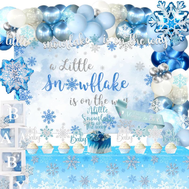 Photo 1 of 157 PCs Winter Wonderland Baby Shower Decorations for Boy, Fiesec Blue Winter Baby Shower A Little Snowflake Is On The Way Backdrop Balloon Garland Banner Tablecloth Cake Topper Box Cutout Sash
