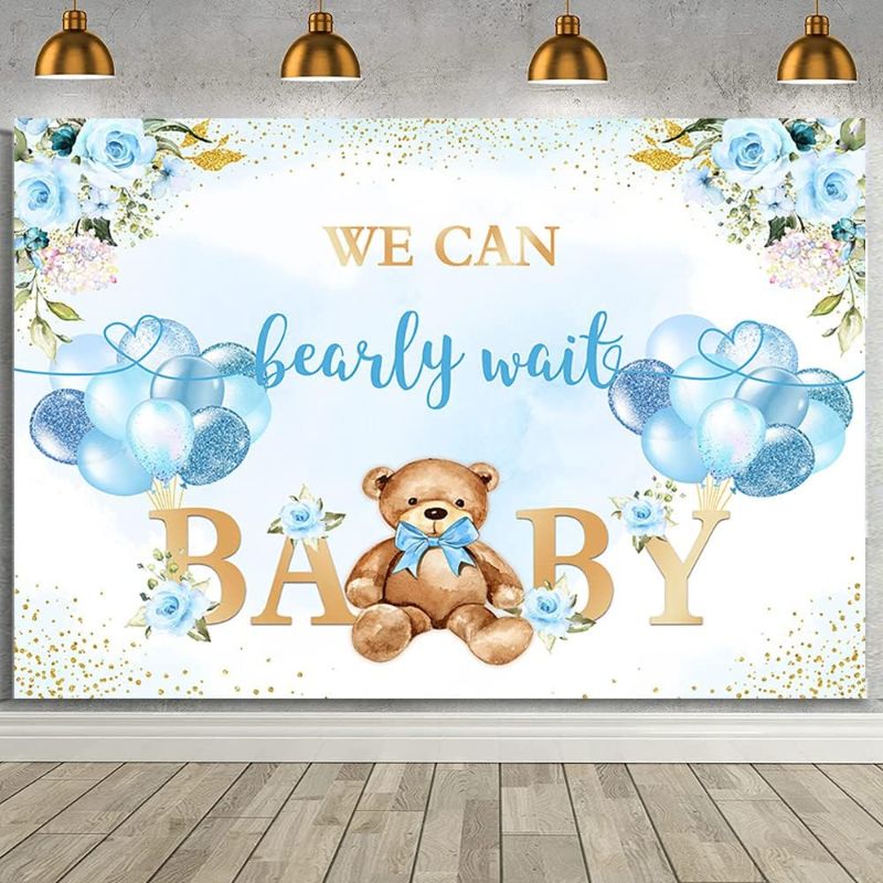Photo 1 of AIBIIN 7x5ft We Can Bearly Wait Baby Shower Backdrop for Boy Bear Baby Shower Background Sky Blue Balloons Floral Boy Bear Party Baby Shower Decoration Banner Supplies for Photo Booth Props