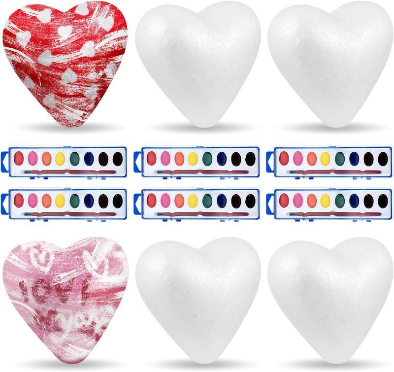 Photo 1 of 12 Pcs Valentine's Day Watercolor Paint Set Craft Foam Hearts and 8 Colors Watercolor DIY Hearts Foam Watercolor Paint Pack for Kids Adult Student Classroom Party Favors
