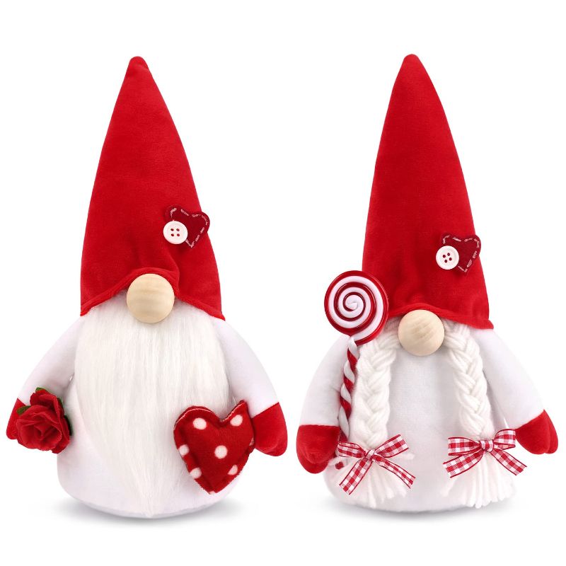 Photo 1 of 2PCS Valentines Day Gnome Plush Decorations, Handmade Scandinavian Tomte - Valentines Christmas Home Tabletop Elf Gnomes Decor Ornaments - Sweet Valentines Gift (Valentine-Lollipop) Valentine's Day-Lollipop