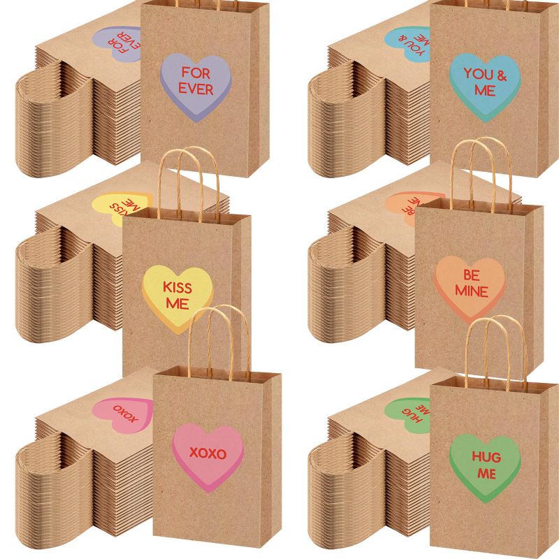 Photo 1 of 120 Pieces Valentines Day Gift Bags Kraft Conversation Heart Treat Bags Bulk with Handle Conversation Heart Candy Bags Valentine Party Favors Bags for Valentines Day Party Supplies Decor