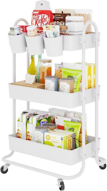 Photo 1 of 3-Tier Storage Rolling Utility Cart with 3 Hanging Cups, Multifunctional Storage Trolley for Kitchen,Bathroom,Living Room,Office, White 