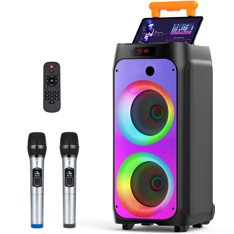 Photo 1 of JYX 500W Powerful Karaoke Machine, Singing Machine with 2 Mic, Wheels and Handle, DJ Light, Bluetooth Karaoke Speaker PA System for Outdoor Party and Home
