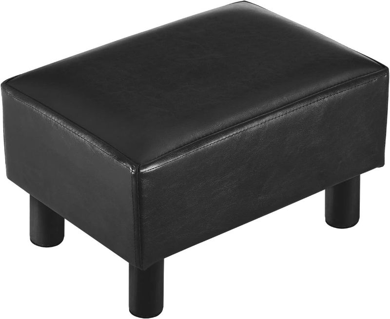 Photo 1 of 16 inches Footstool Ottoman with 4 Stable Wooden Legs, Small Under Desk Footrest, Black PU Faux Leather Step Stool with Padded Seat for Living Room Bedroom
