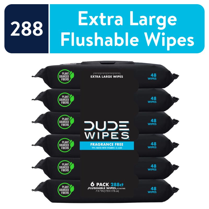 Photo 1 of DUDE Wipes - Flushable Wipes - 6 Pack, 288 Wipes - Unscented Extra-Large Adult Wet Wipes - Vitamin-E & Aloe for at-Home Use - Septic and Sewer Safe Fragrance Free 48 Count (Pack of 6)