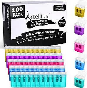 Photo 1 of 100 Pack Pencil Sharpeners Bulk - Double Hole Sharpener for Classroom Supplies, Pencil Sharpener for Kids, Colored Pencil Sharpener for School Supplies. Handheld Pencil and Crayon Sharpener

