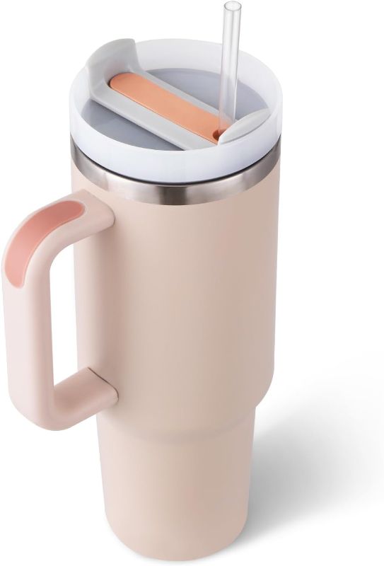 Photo 1 of 40 oz Tumbler with Handle Straw Lid Insulated Stainless Steel Vacuum Reusable Keep Drinks Cold Coffee Cup Holder Friendly Gifts for Lover Women Mother Travel Car Gym, Pink