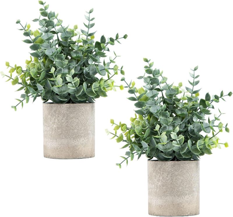 Photo 1 of 2 Pack Small Fake Plants Eucalyptus Potted Artificial Plants for Shelf Desk Home Bathroom Farmhouse Room Coffee Table Decor (Sage Green)