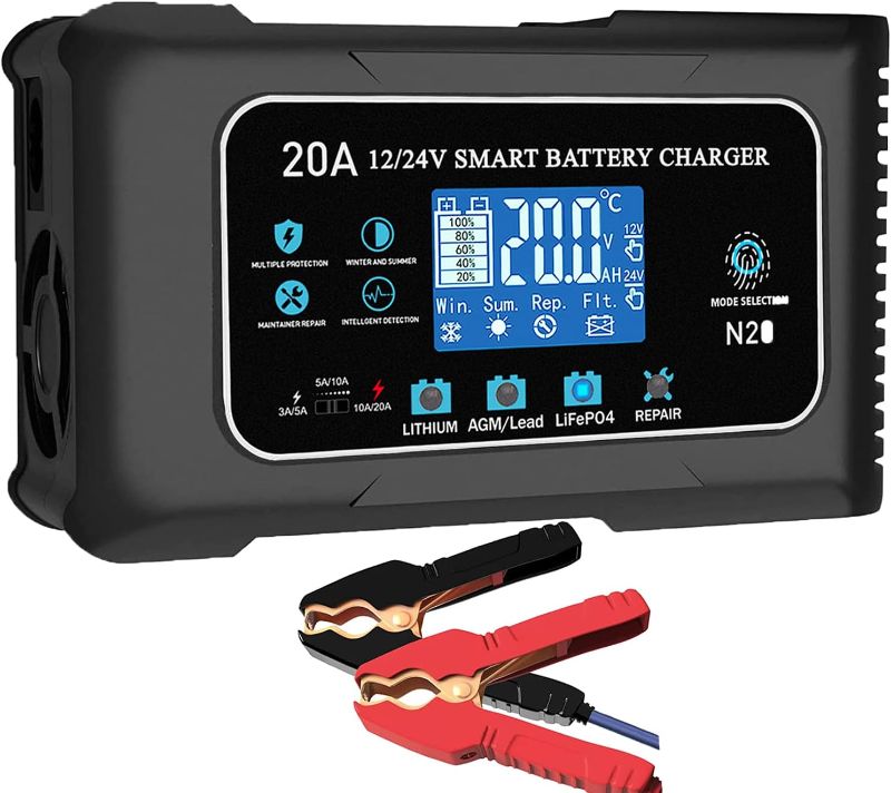 Photo 1 of 20-Amp Lifepo4 Lithium AGM Gel Smart Battery Charger, 12V/20A 24V/10A Trickle Charger, Maintainer for car Boat Motorcycle, Lawn Mower