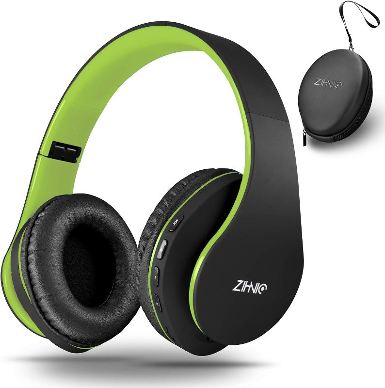 Photo 1 of ZIHNIC Bluetooth Headphones Over-Ear, Foldable Wireless and Wired Stereo Headset Micro SD/TF, FM for Cell Phone,PC,Soft Earmuffs &Light Weight for Prolonged Wearing(Black/Green)