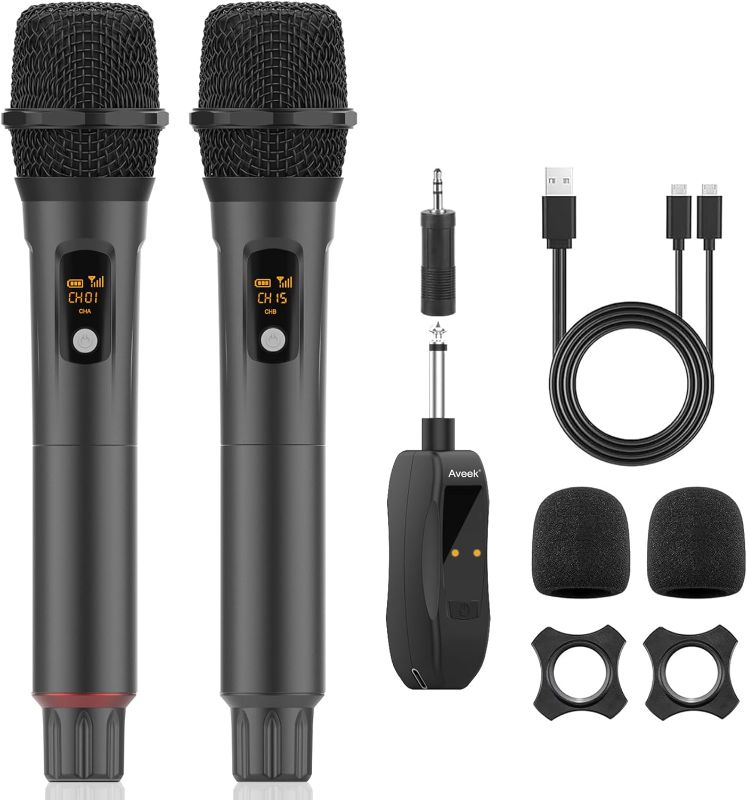 Photo 1 of Aveek Wireless Microphone, 2.4GHz Dual Karaoke Microphone Set with Receiver, Professional Cordless Handheld Mic, Rechargeable Dynamic Mic 200ft for Singing, DJ, Party, Church, Wedding, Speech