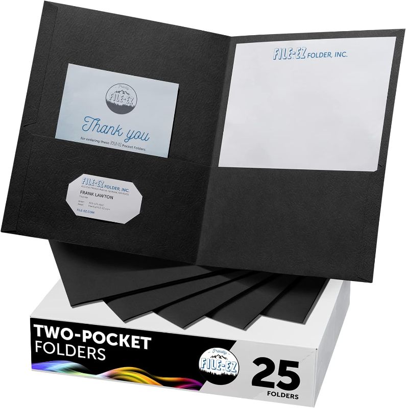 Photo 1 of FILE-EZ Two-Pocket Folders, Black, 25-Pack, Textured Paper, Letter Size