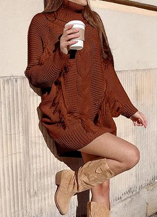 Photo 1 of (m) BTFBM Women Fashion Sweater Short Dress Long Sleeve Turtleneck Oversized Fall Winter Soft Chunky Knit Pullover Sweaters