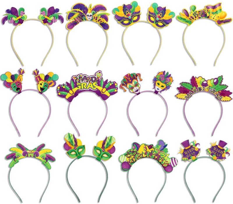 Photo 1 of 12 Pieces Mardi Gras Headbands Felt Carnival Headdress Bulk Mardi Gras Headwear Head Boppers Mardi Gras Hair Accessories for Kids Mardi Gras Party Photo Booth Props Decorations Supplies