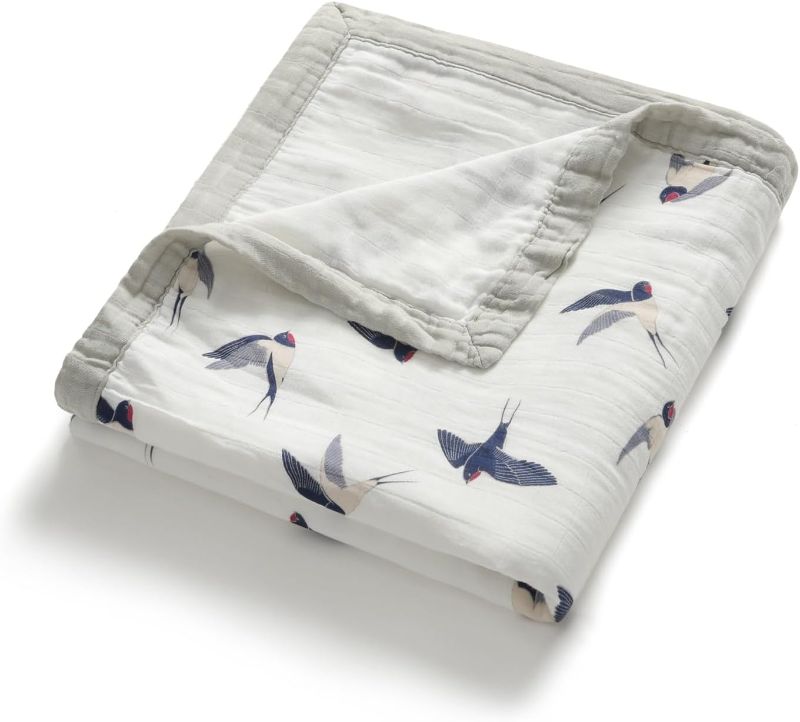 Photo 1 of 2-Layer Muslin Swaddle Blanket Viscose from Bamboo Cotton Muslin Quilt – 47 x 47” Boy, Girl or Gender Neutral Holiday Receiving Blanket for Baby Shower (Flying Swallow)