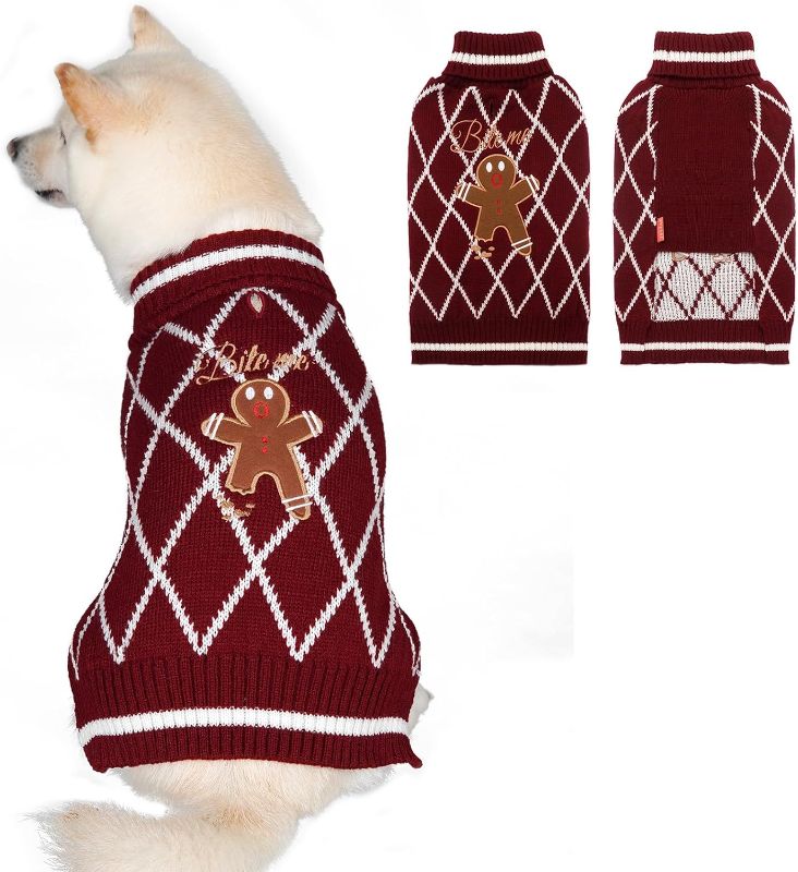 Photo 2 of (L) KYEESE Christmas Dog Sweater Warm Dog Clothes for Small Dog with Gingerbread Man Pattern Soft Dog Coat with Leash Hole