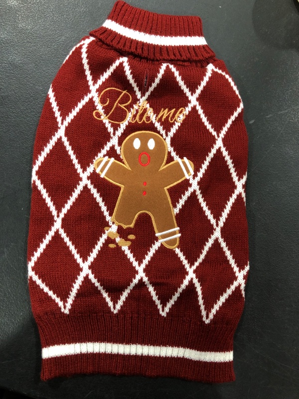 Photo 1 of (L) KYEESE Christmas Dog Sweater Warm Dog Clothes for Small Dog with Gingerbread Man Pattern Soft Dog Coat with Leash Hole