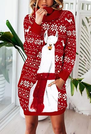 Photo 1 of (M) Pink Queen Women Turtleneck Loose Print Christmas Long Sweater Dress with Pockets