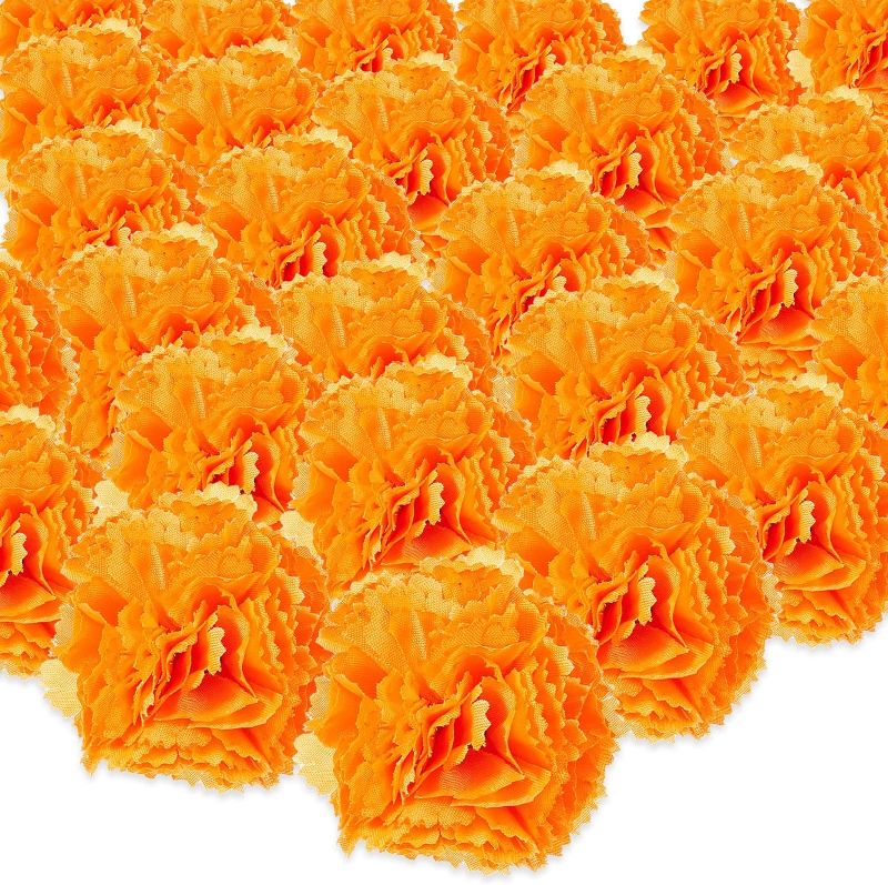 Photo 1 of 100 Pcs Artificial Marigold Flower Marigold Garland Head Silk Flowers DIY Faux Chrysanthemum Craft with Stems Fake Orange Flowers for Indian Diwali Baby Shower Wedding Party Mantle Decoration