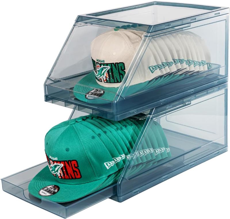 Photo 1 of 2 Pack Hat Organizer, Stackable Clear Baseball Caps Holder Box Containers With Sliding Tray for Hats Snapback Cap Storage, Hat Rack Display Case- STOCK PHOTO FOR REFERENCE ONLY. ITEM IS GREY