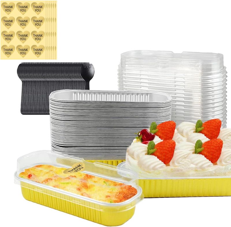 Photo 1 of (50 Pack, 6.8oz) Aluminum Foil Mini Loaf Baking Pans with Lids And Spoons - Convenient Rectangle Tins Containers with Stickers, Baking Cups Muffin Tins Cupcake Cups For Mini Cake Bread Loaf?Gold?