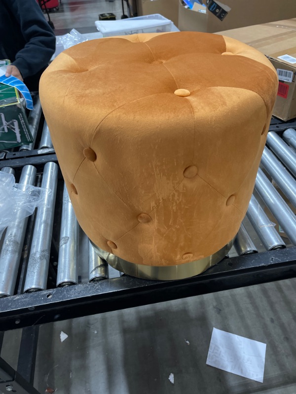 Photo 1 of Homebeez Round Velvet Ottoman, Vanity Stool, Button Tufted Footrest Stool with Gold Base, 17.7" Width (Orange)