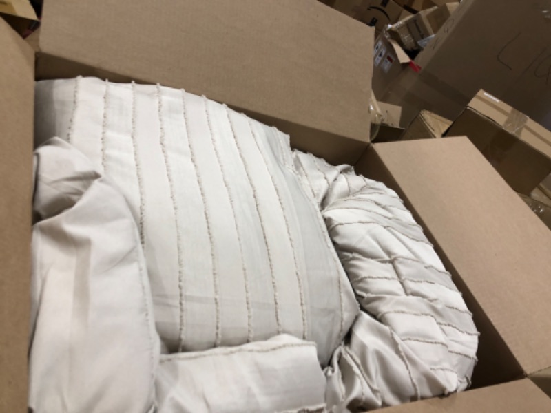 Photo 1 of Bedsure Boho Comforter Set Queen - Linen Tufted Bedding Comforter Set, 3 Pieces Farmhouse Shabby Chic Embroidery Bed Set, Striped Pattern Comforter for All Seasons Queen Linen - Striped