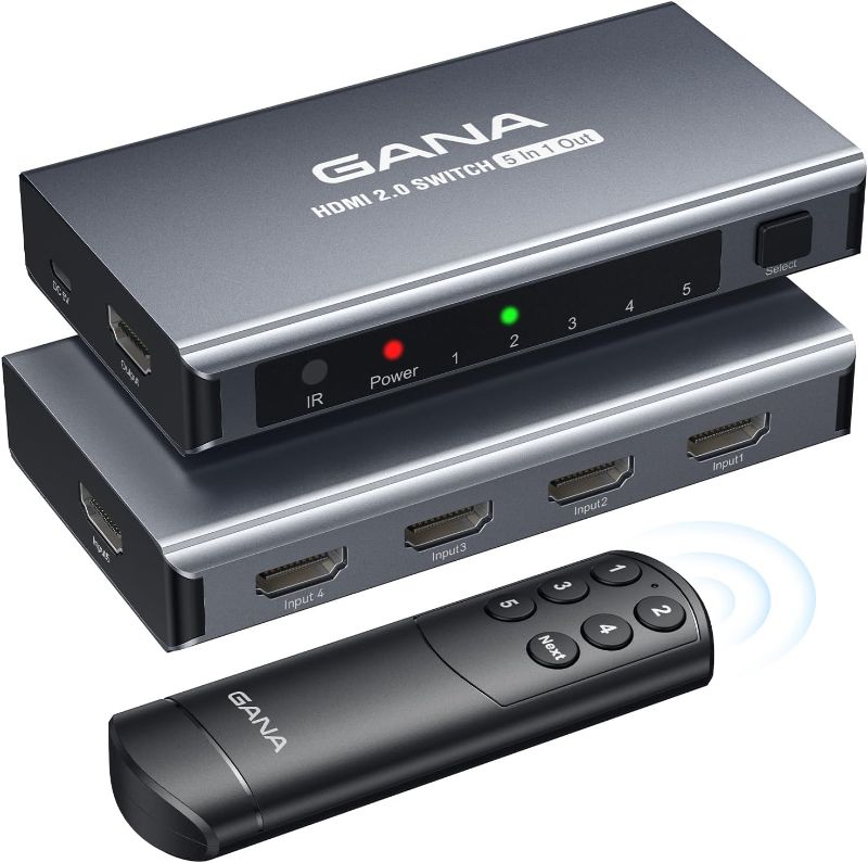 Photo 2 of HDMI Switch 5 in 1 Out 4K@60Hz, GANA HDMI Splitter Switcher with Remote, Aluminum HDMI 2.0 Switch Box Hub for 3D, HDCP2.2, HDR, Compatible with Xbox, PS5/4/3,Fire Stick,Roku,Blu-Ray Player
