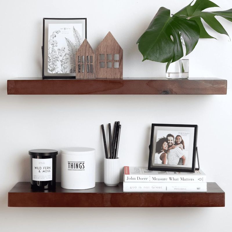 Photo 1 of Homeforia Rustic Farmhouse Floating Shelves, Bathroom Wooden Shelves for Wall Mounted, Thick Industrial Kitchen Wood Shelf - 24 x 6.5 x 1.75 inch - Set of 2 - American Walnut Color
