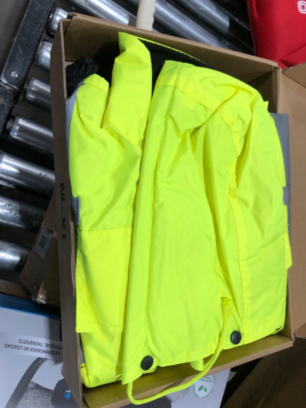 Photo 2 of DPSAFETY safety jacket for men, Reflective high Visibility Hooded jacket, Hi-Vis Bomber Jacket with Pockets and Zipper, waterproof, Black Bottom, ANSI/ISEA 107-2020 Type R Class 3,Lime Medium Lime