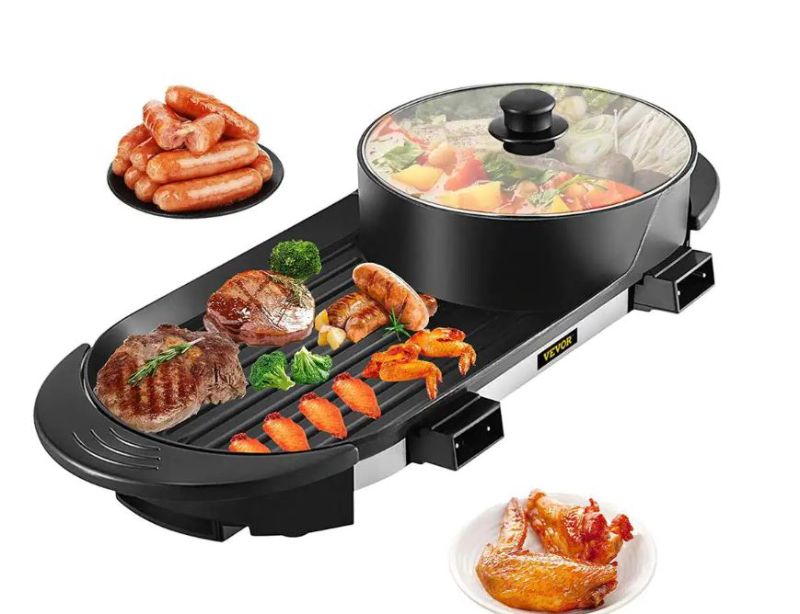 Photo 1 of 2 in 1 BBQ Grill and Hot Pot 72 sq. in. Aluminum Alloy Electric BBQ Stove Grill Pot for Family Dinner Friends Party
