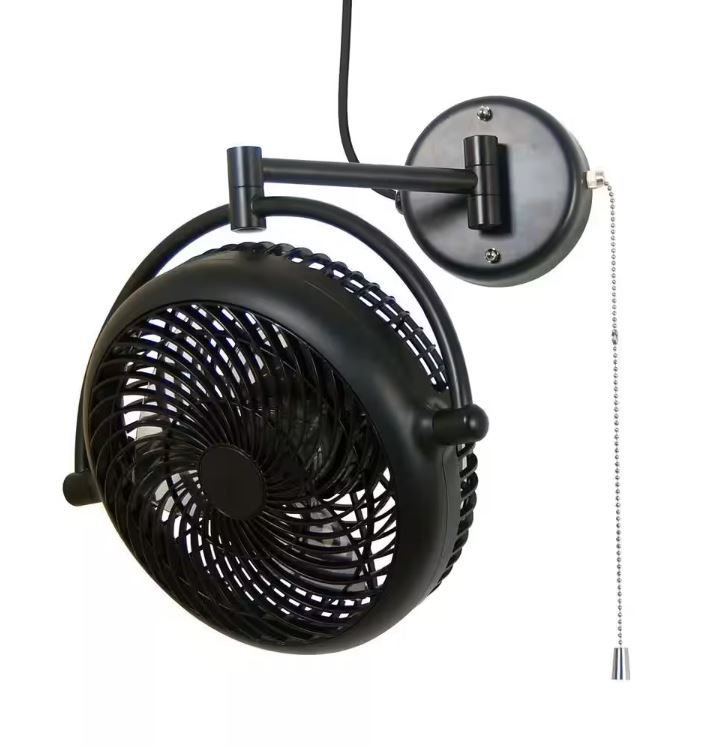 Photo 1 of 10 in. 2-Speeds Wall Fan in Black with Pull Chain Control 180° Oscillate