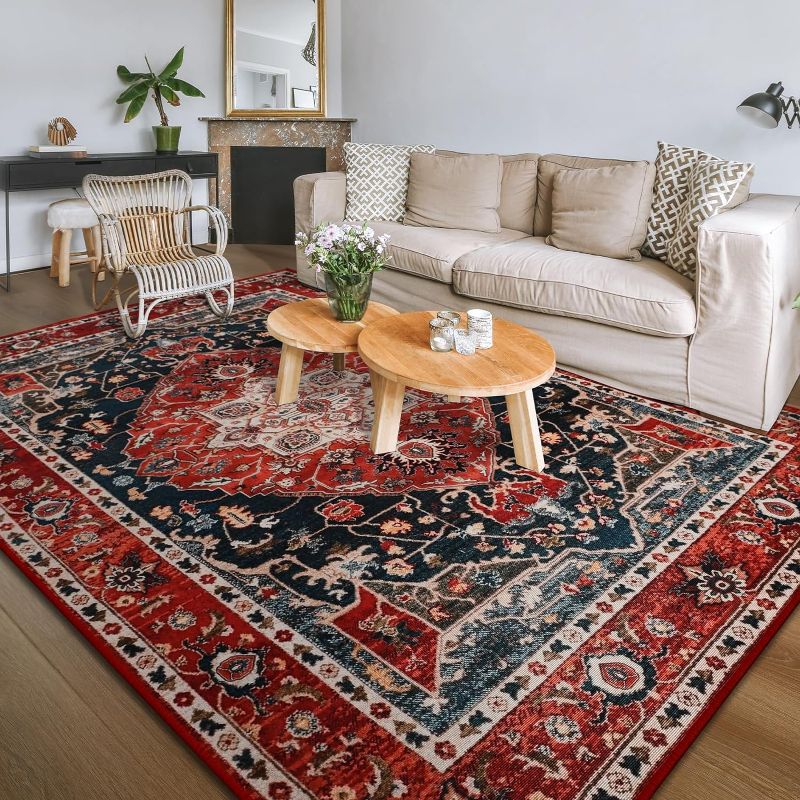 Photo 1 of YJ.GWL Soft Large Area Rug 5x7 Washable Living Room Bedroom Rug, Non-Slip Vintage Accent Rugs for Dining Room Office Indoor Home Decor, Low-Pile Colorful Print Rug Floor Carpet, Red/Blue 