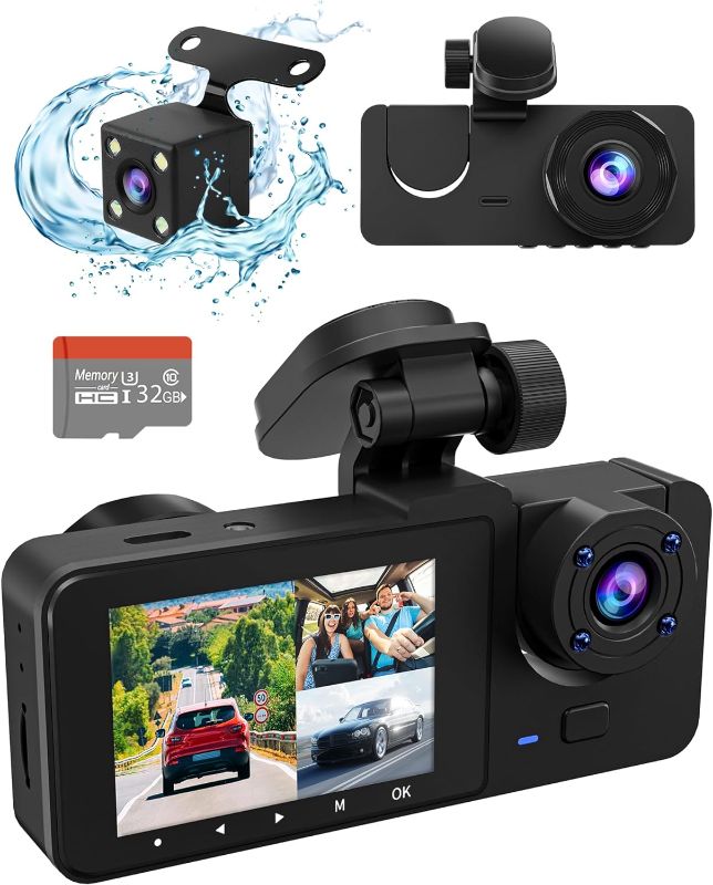 Photo 1 of 3 Channel Dash Cam Front and Rear Inside,4K Full UHD Dash Camera for Cars with Free 32GB SD Card,Built-in Super Night Vision,170°Wide Angle,2.0'' IPS Screen,WDR,Loop Recording,24H Parking Mode
