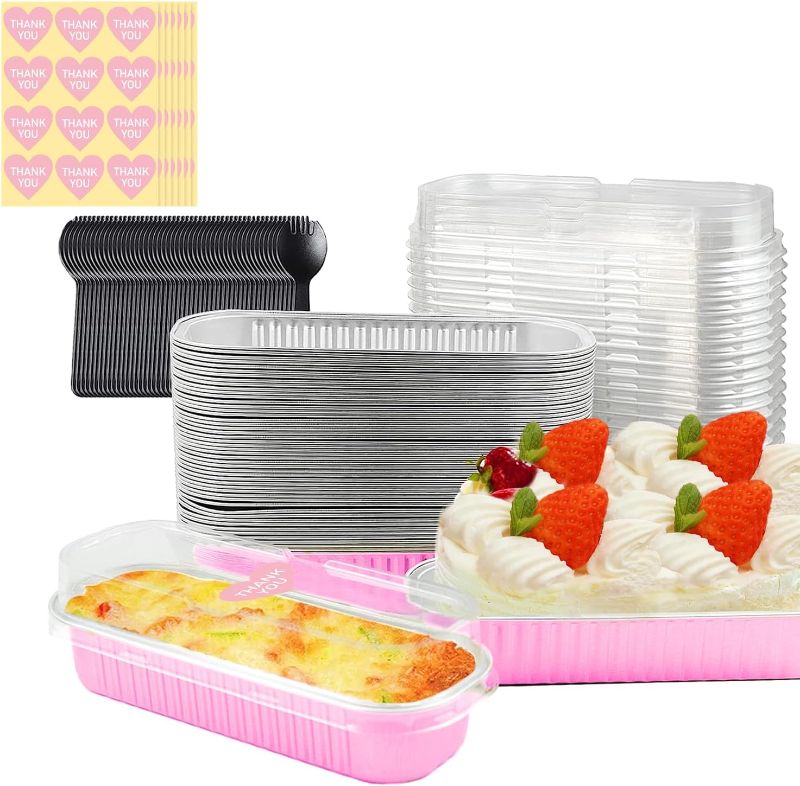 Photo 1 of (50 Pack, 6.8oz) Aluminum Foil Mini Loaf Baking Pans with Lids And Spoons - Convenient Rectangle Tins Containers with Stickers, Baking Cups Muffin Tins Cupcake Cups For Mini Cake Bread Loaf?Pink?