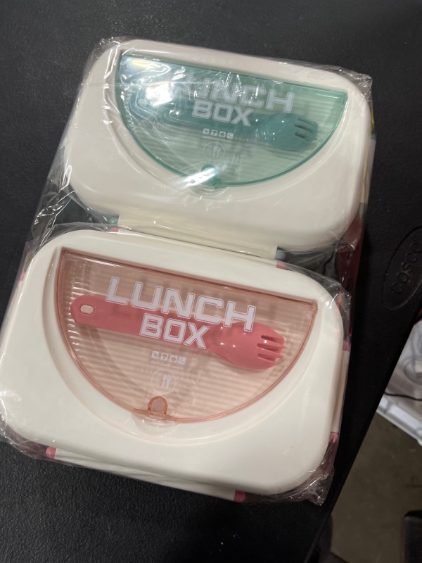 Photo 2 of 2 Set 1.5L Bento Lunch Box Kit for Adult, 4 Compartment Leak Proof Lunch Containers Snack Boxes with Fork & Spoon, BPA Free, Food Prep Storage Containers To Go for Travel Work Daycare, Green+Pink