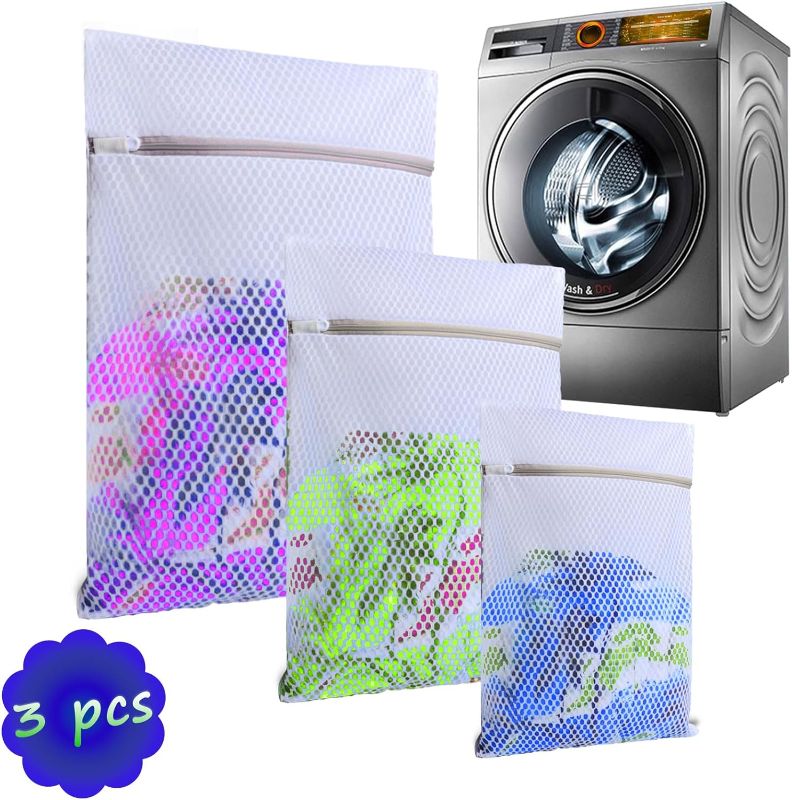 Photo 1 of 3-Pack Honeycomb Mesh Laundry Bags for Delicates, Lingerie, Bras, Socks, and Shoes - Durable, Breathable, and Zippered Wash Bag for Travel and Home Use (1 Large, 1 Medium, 1 Small)- STOCK PHOTO FOR REFERENCE ONLY. 